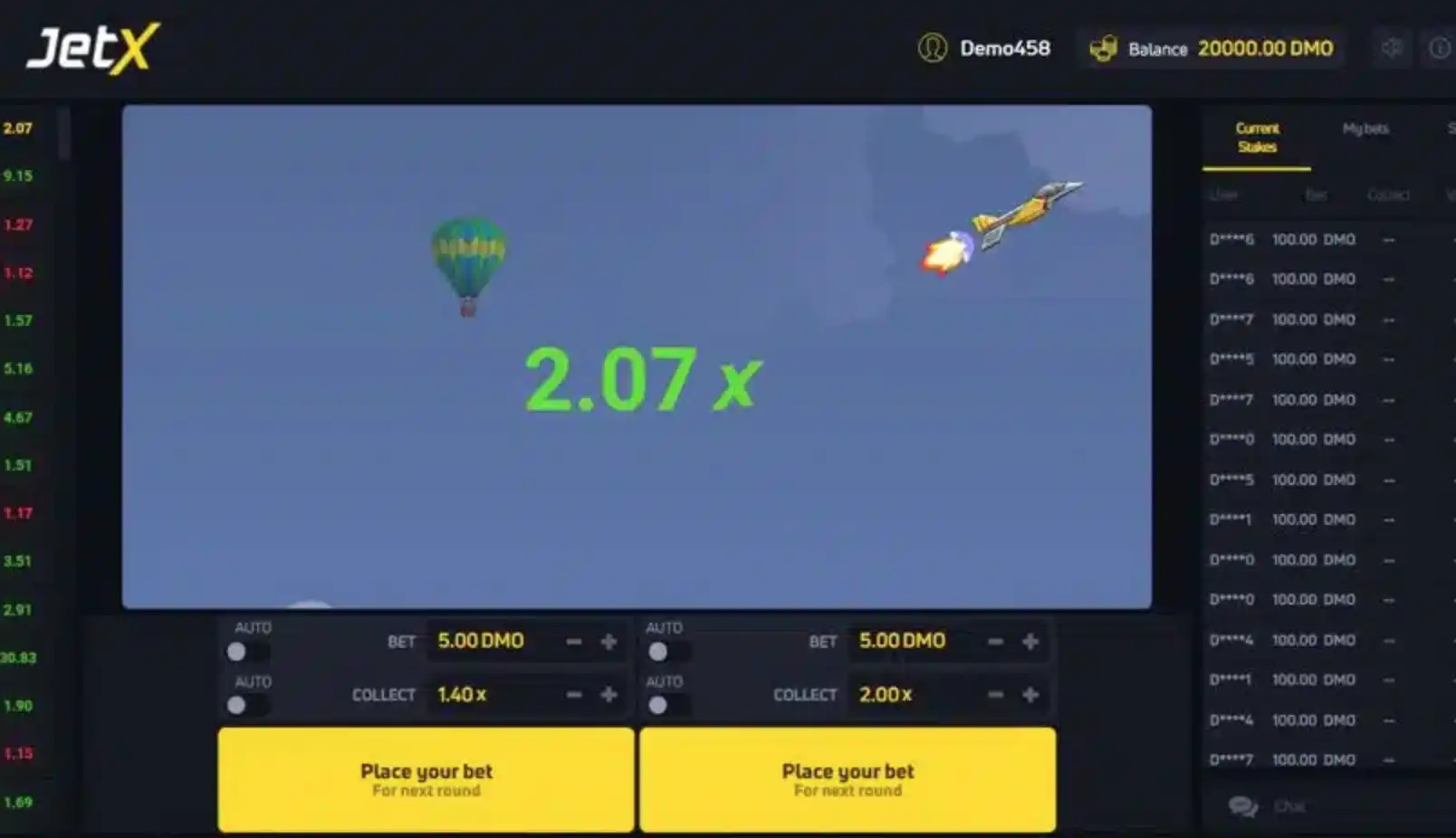 JetX Demo em andamento: foguete em voo com saldo fictício e opções de auto cash out